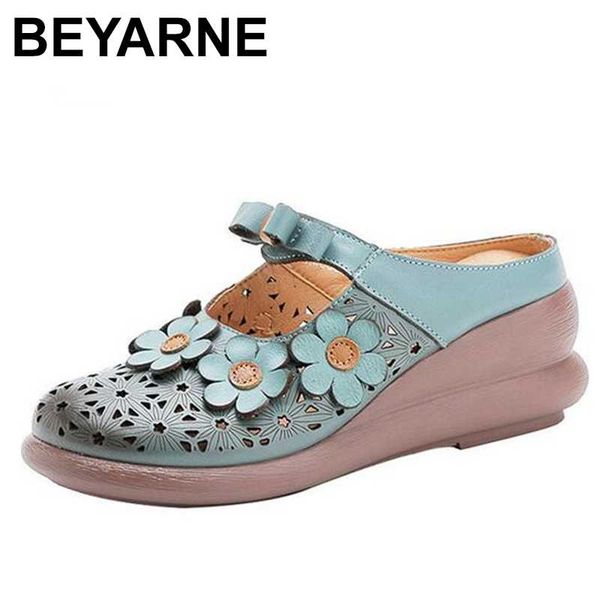 

beyarne весна handmade кожи коровы женщин клин обувь этнический стиль полые цветок женщина тапочки лето дышащий сандал, Black