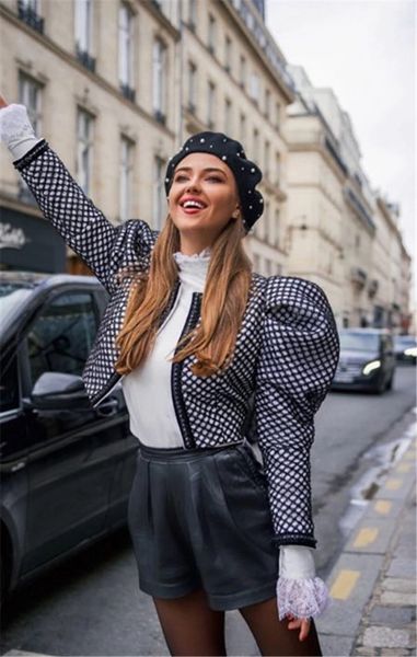 

european and american tide brand autumn and winter street style round neck bubble sleeve short ladies jacket, Black;brown