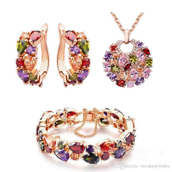 

luxury noble 18k real gold plated colorful swarovski crystal necklace earrings bracelet jewelry sets for women ladies zircon acessories, Black