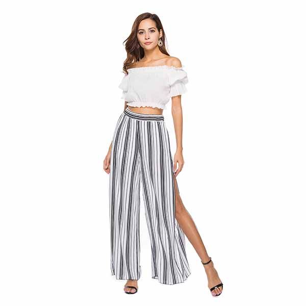 

summer new solid style black loose high waist crop casual pants women chiffon split wide-leg pants for women, Black;white