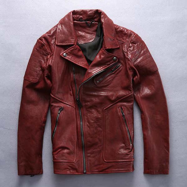 

men's slim fit motorcycle jacket red black vegetable tanned sheepskin lapel genuine leather jacket men fashion biker coat male