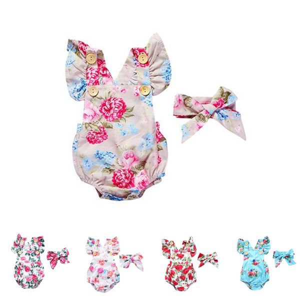 

baby romper 5 styles baby girl boy romper suits kids ins flower flying sleeve triangle rompers+hair band 2pcs set baby clothing dhl fj74, Blue