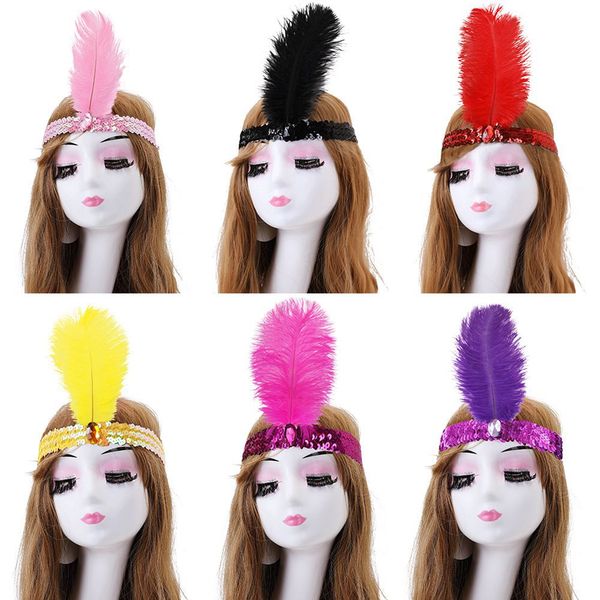 

50pcs ostrich feather headband 1920's flapper sequin headband indian feather headpiece ostrich feather headdress party supplies dhl shi