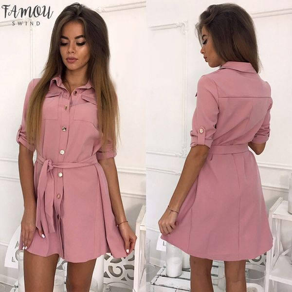 

women dress 2020 new casual sashes a-line dress office ladies half sleeve turn down collar dresses pink elegant mini dress, Black;gray