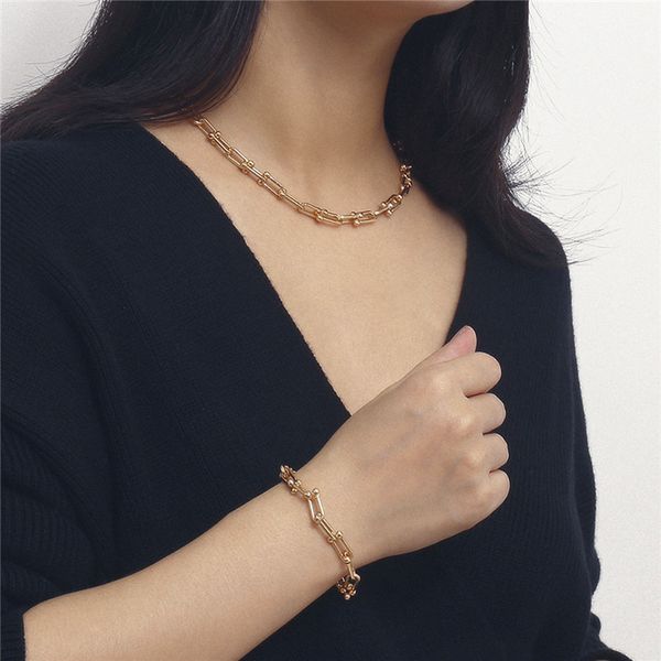 

vintage lock chain women necklace bracelet set statement gothic twisted chunky link chain choker bracelets earrings jewelry sets, Silver