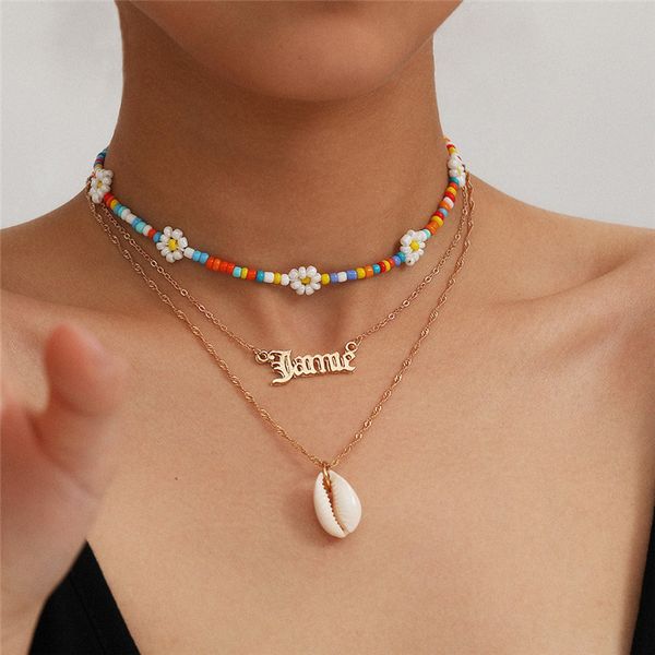 

10set/lot simple style letter mix necklace set contrast color shell pendant necklaces for women handmade three piece neck chain jewelry, Silver