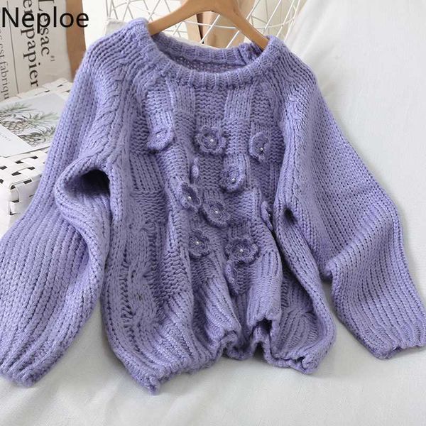 

neploe flower knitted women sweaters loose o neck long sleeve pullovers autumn winter casual solid warm female sweater 80481, White;black