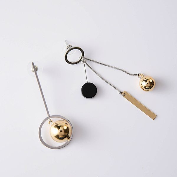 

asymmetric korean style popular design long earrings hollow circle metal ball boucles d'oreilles pendantes, Silver