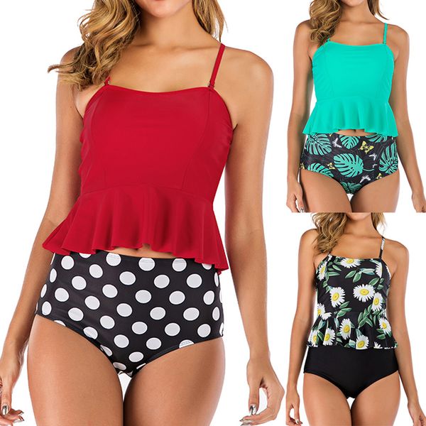 

tankini swimsuit women ruffles high waist bikini set dpt print separate swimming suit for women beach swimwear push up mayo 2019, White;black