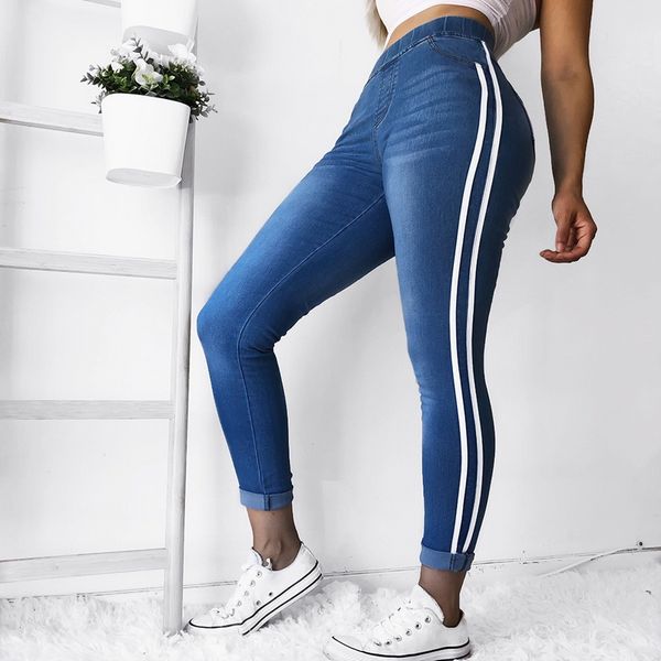 

women's new tight-fitting jeans trousers casual autumn fashion side striped jeans pants female high waist legging trousers 2019, Blue