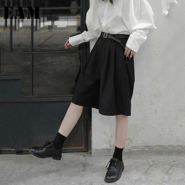 

women's pants & capris [eam] high elastic waist black wide leg knee length trousers loose fit women fashion tide spring summer 2021 1w2, Black;white