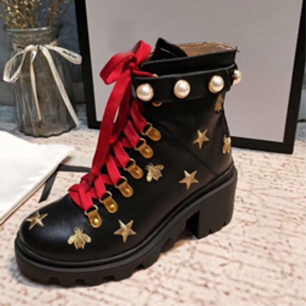 

martin short boots 100% cowhide belt buckle metal women shoes classic thick heels leather designer shoe high heeled fashion pearl 303o, Black