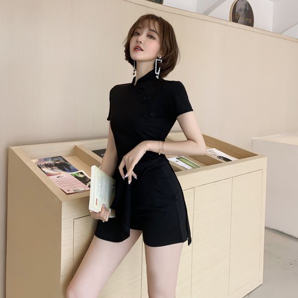 S-XXL Plus Size Chinês Tradicional Top Qipao Camisa para Mulher e Calças Curtas Preto Chinês 2 Parte Set Vintage Dois Peça Set T200325