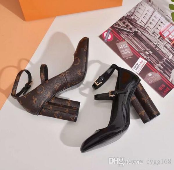 

2019 authentic cowhide classic single shoes designer sandals metal buckle leather high-heeled women's shoes coarse heel size 37, Black
