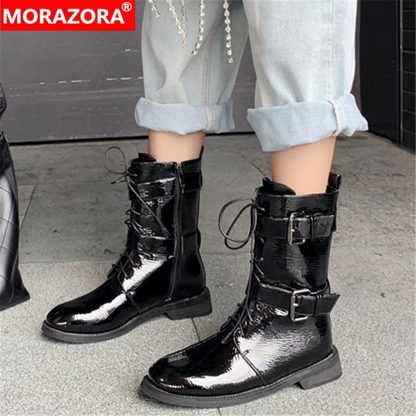 

morazora 2020 new fashion ankle boots women patent leather flat shoes buckle lace up punk autumn winter short boots woman, Black