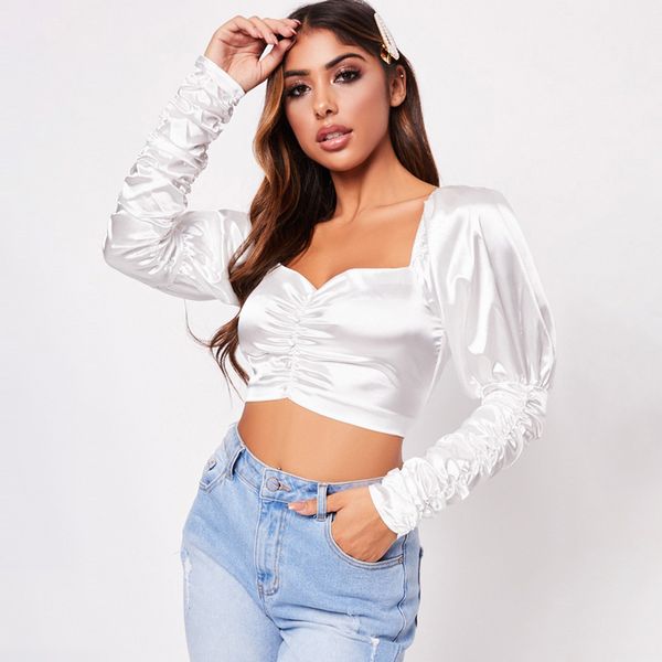 

spring ladies palace short tshirts solid puff long sleeve womens tees skinny square neck pleated female, White