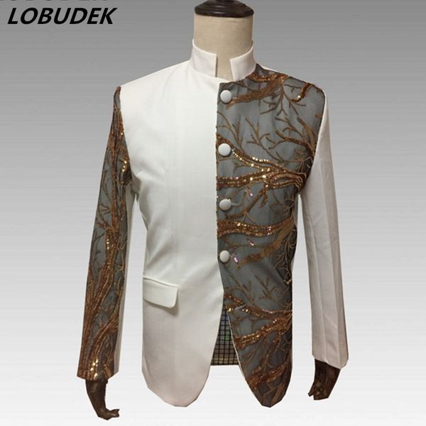 

gold sequins stand-collar men's formal slim jacket evening party male singer chorus host stage performance costume fashion coat, Black;brown