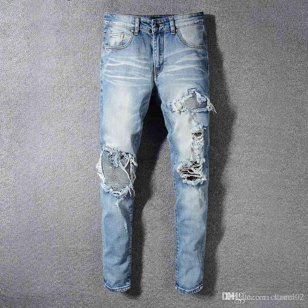 

2020 men's tattered locomotive jeans slim locomotive jeans men's fashion designer hip hop men's jeans of gf1, Blue