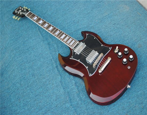 

string electric guitar,claret-red color mahogany body,lightning fret marks inlay,chrome hardware and can be customized