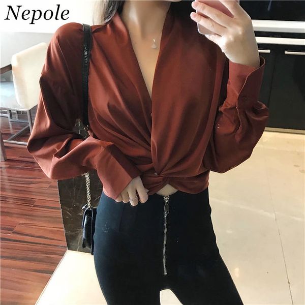 

nepole plus size solid v-neck women knot shirt casual loose long sleeves blouse 2019 summer new fashion elegant 80121, White