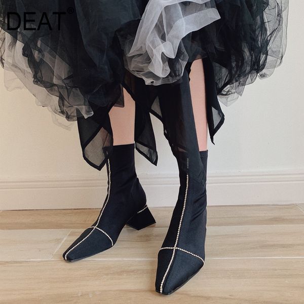 

deat] 2019 new spring summer square toe stretch fabric crystal high heels short single shoes women boots fashion tide 10d204, Black