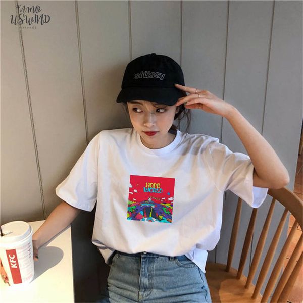 

2020 korean women t shirts short sleeve vogue printed hope world o neck female t shirts casual geometric tee woman plus, White