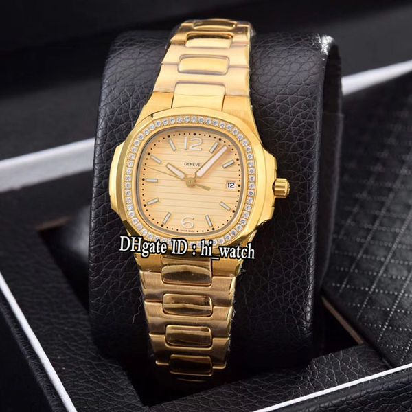 

nautilus 7010 swiss quartz ladies womens watch yellow gold diamond bezel gold texture stick markers stainless steel bracele hi_watch h08f6, Slivery;brown