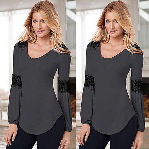 

new arrival autumn fashion women loose lace chiffon brand new lace patchwork long sleeve lantern shirt wholesale, White