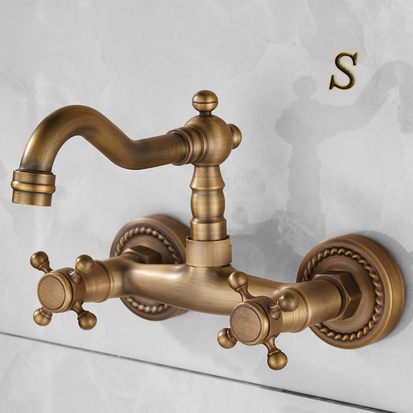 

basin faucets antique brass wall mounted kitchen bathroom sink faucet dual handle swivel spout cold water tap with tow pipe