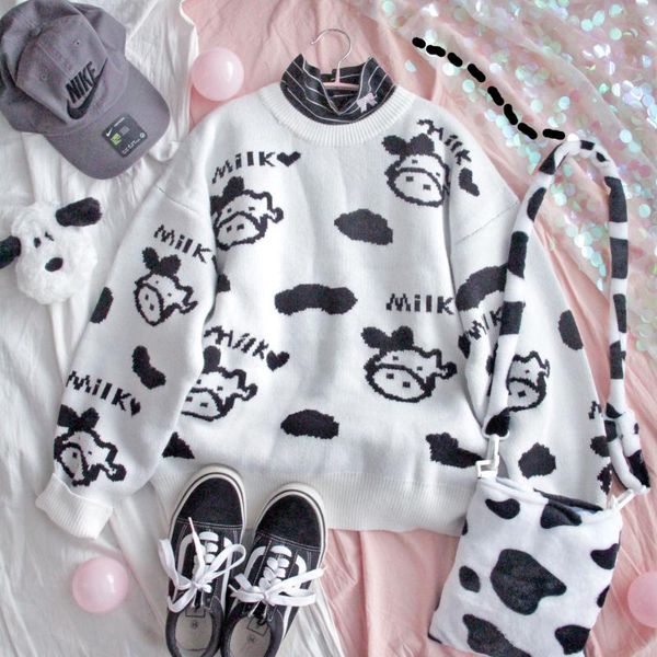 

cow cartoon print women's sweater soft autumn women's pullover winter warm korean goods harajuku knit ribbed jumper clothes, White;black