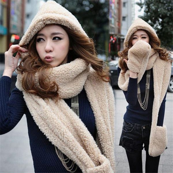 

2019 brand new gloves with pocket fluffy hood scarf earflap hat winter warm women ladies multi-function set gifts, Blue;gray