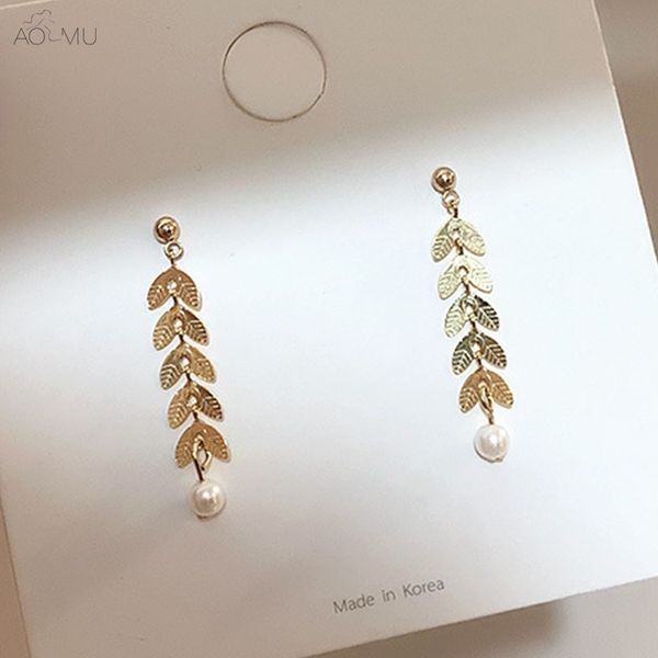 

aomu korea design s925 sterling silver pin pearl metal leaf long tassel dangle drop earrings for women girl party gift jewelry