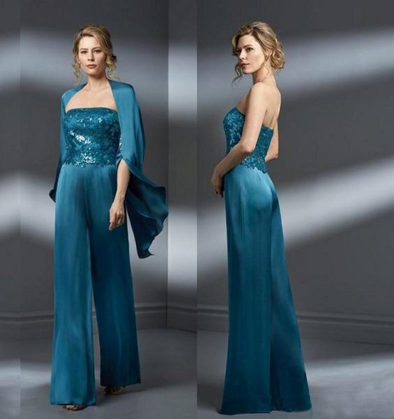 

mother of the bride pant suits teal blue chiffon applique strapless plus size mother of the bride dress formal gown for mothers wedding, Black;red
