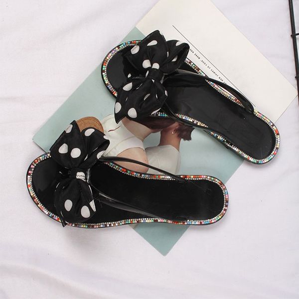 

women flat slippers ladies bowtie colorful crystal flip flops woman outdoor beach shoes women's casual comfot female 2020 summer, Black