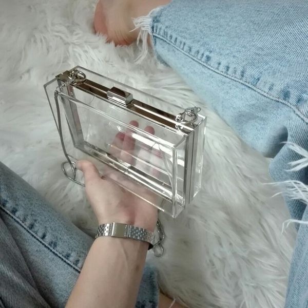 

акриловых прозрачных цепи сцепления box женщина плеча сумка жёсткого дня клатчи сумка свадьбы вечернего кошелек (серебро