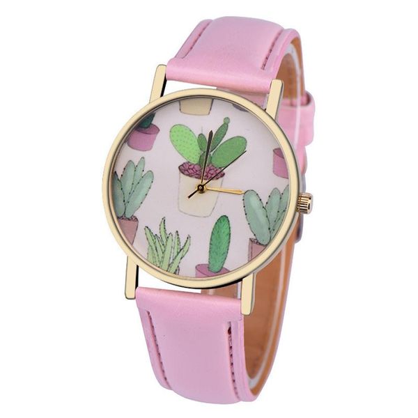 

timezone #301 simple women's watch cactus potted mirror leather strap analog quartz ladies watch, Slivery;brown