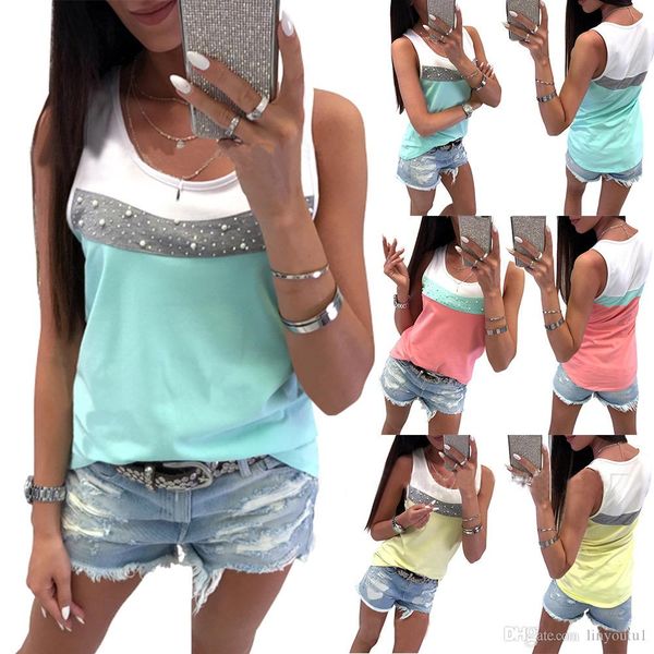 

t-shirt women 2019 fashion new arrival summer style europe drill nail bead color patchwork vest tshirt vestidos, White