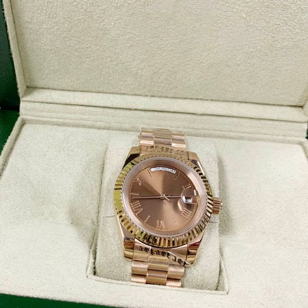 

40mm automatic mens watch rose gold dail & strap self-winding concealed folding crown with date, Slivery;brown