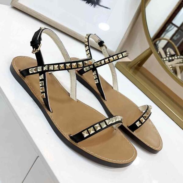 

5a 3113160 calfskin leather studs scuffs flats heel sandal slippers shoes,ankle strap,size 34-40,dhl ing, Black
