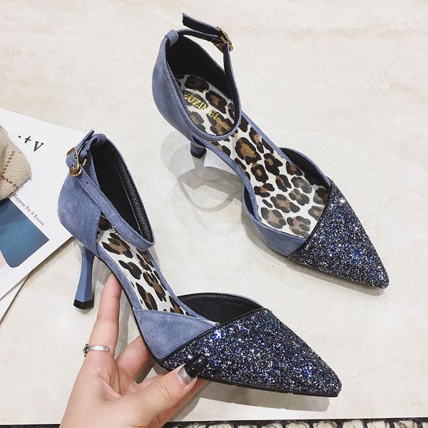 

rimocy glitter 7cm thin heels women pumps 2020 pointed toe ankle strap shoes female black fashion party shoes woman