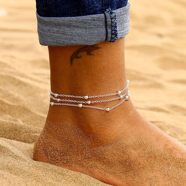 

ustar boho layered chain beads silver anklets for women adjustable stainless steel foot bracelet anklet summer sandals jewelry, Red;blue