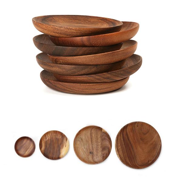 

4 size natural wooden round fruit dishes cake snack plate solid wood tableware for kitchen