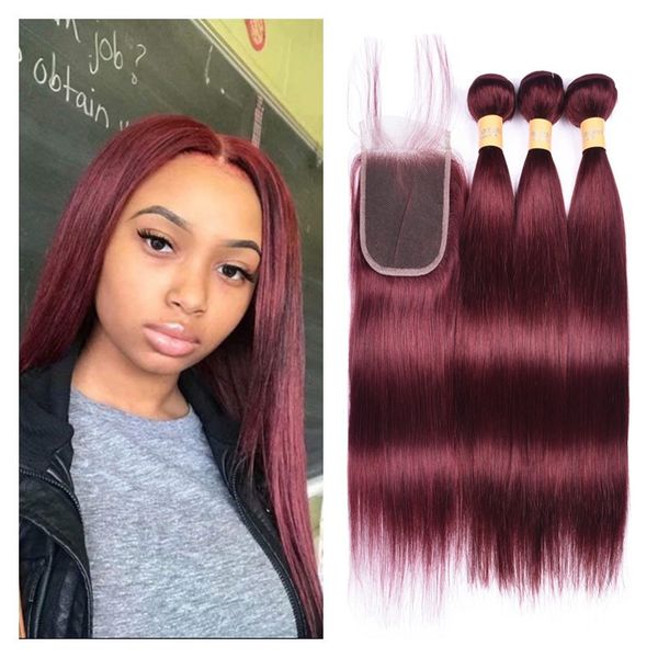 

8a grade 3 bundle peruvian traight hair weft with 4x4 lace clo ure popular burgundy wine red 99j kily traight hair bundle