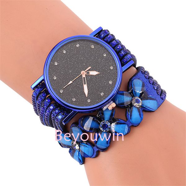 

100pcs/lot fashion wrap around leather watch for women starry sky dial flower belt bracelet leather watch for girl lady, Slivery;brown