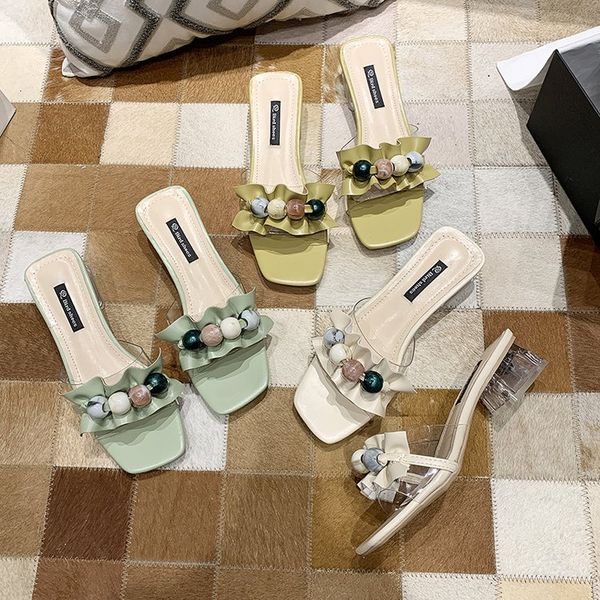 

transparent slippers female shoes slides square heel string bead women heels jelly flip flops fashion 2020 block high glitter, Black
