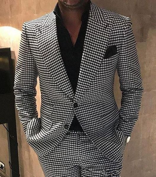 

custom houndstooth groom tuxedos peak lapel men wedding tuxedo fashion men jacket blazer men prom dinner/darty suit(jacket+pants, White;black