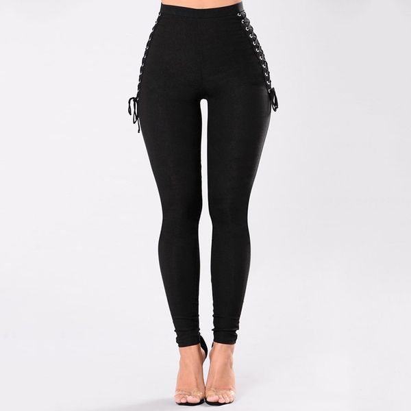 

spring autumn new cross bandage pants women new high waist pencil trousers female solid casual stretch elastic capris, Black;white