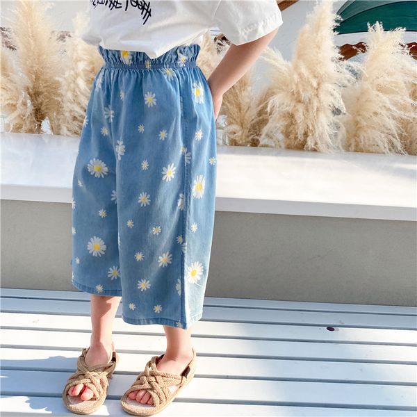 

summer 2020 children kids flower print ruffles waist denim jeans wide leg loose pants girls casual trousers, Blue