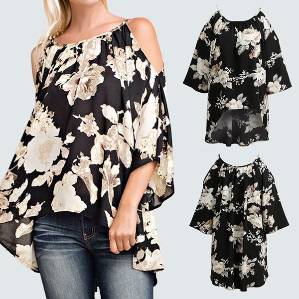 

элегантный flare рукава цветочный принт женщины блузки sexy холодное плечо асимметричный лето повседневная блузка рубашки blusas топ, White
