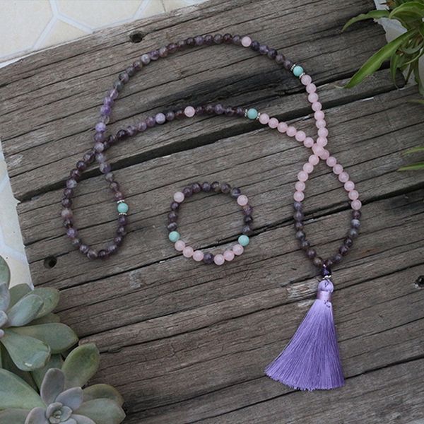 

8mm natural stone beads, flower amethyst, rose quartz, japamala sets, spiritual jewelry, meditation,inspirational,108 mala beads, Silver